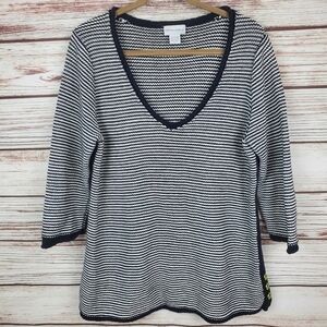 Soft Surroundings Womens Large Navy Blue/White Stripe Chunky V-Neck Sweater   B3